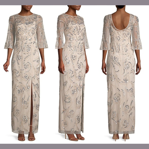 NWT‎ $495 Aidan Mattox 3/4 Sleeve Beaded Column Gown in Champagne [SZ 6 ] - Picture 1 of 16